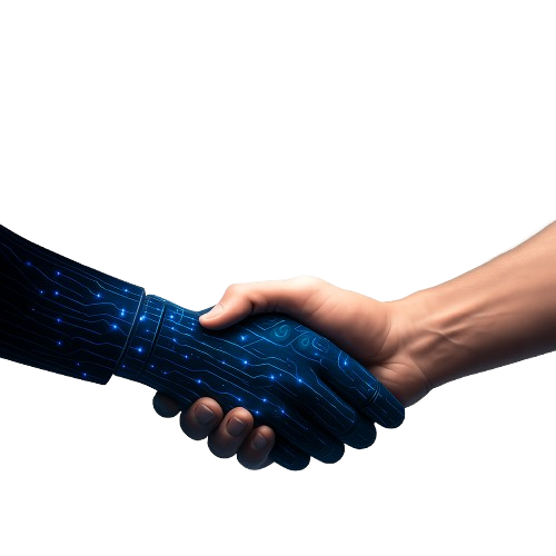 Human hand shaking a digital hand — trade meets technology